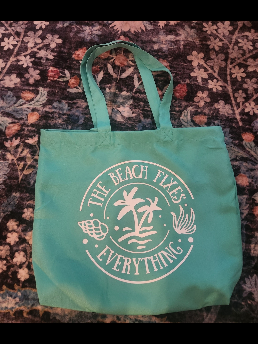 Beach Graphic Teal Tote Bag with Long Handles
